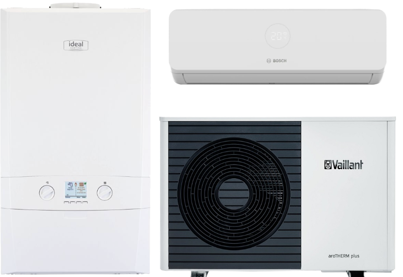 Ideal Boiler, Vaillant Heat Pump and Bosch Air Con Unit.